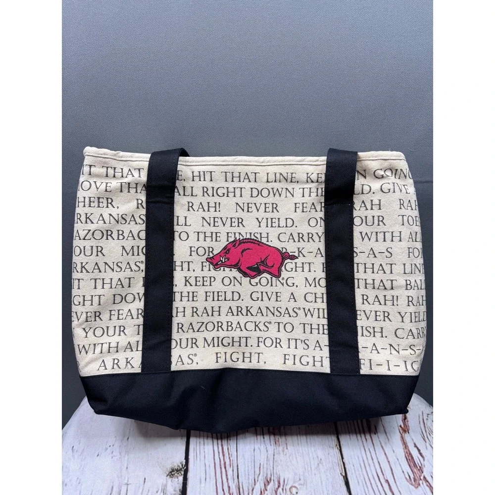 Arkansas Razorbacks Insulated Cooler Tote Bag Fight Song Script Canvas Black Red